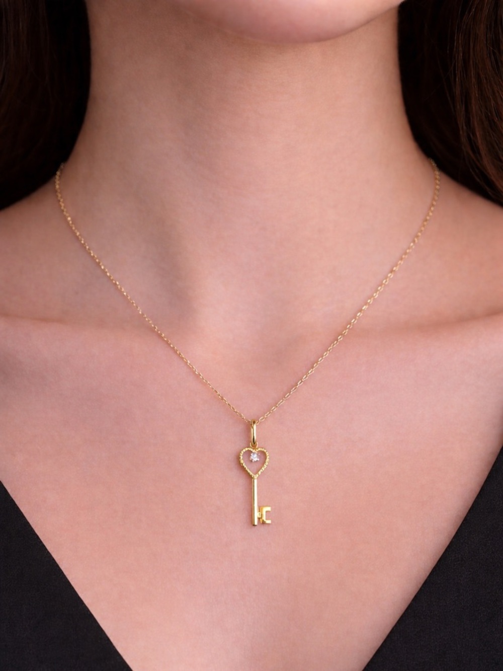 10K Gold Diamond Heart Key Necklace – Delicate & Romantic